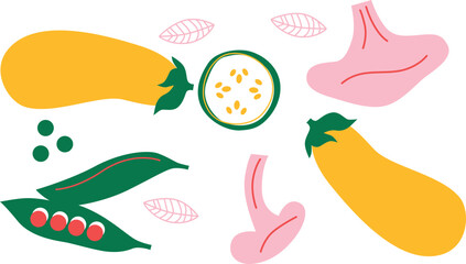 Flat Vector Fruits and Vegetables Icons Set, Healthy Food Illustration Collection	