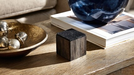 Dark wood cube with granite top sits atop a wooden surface.