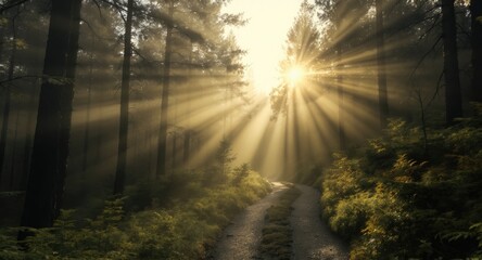 Sunbeams pierce misty forest path