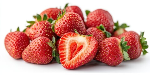 Close-up of fresh ripe strawberries, some whole, one cut in half, on white background