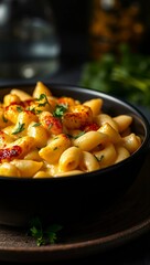 black bowl truffle mac and cheese gourmet food moody lighting cheesy pasta melted cheese baked pasta luxury meal comfort food  
