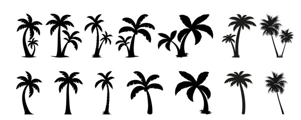 palm trees silhouette set, tropical coconut, isolated on white background.Icon set featuring various palm
