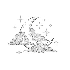 Handdrawn crescent moon nestled in swirling clouds with sparkling stars line art illustration. © Vhya