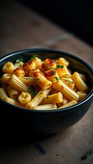 moody lighting luxury meal black bowl truffle mac and cheese cheesy pasta gourmet food baked pasta comfort food melted cheese  
