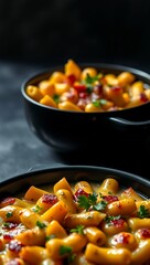 gourmet food black bowl truffle mac and cheese baked pasta moody lighting melted cheese comfort food cheesy pasta luxury meal  
