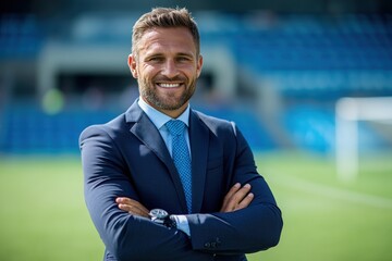 A smiling man in a suit stands confidently on a sports field, arms crossed