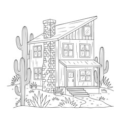 Handdrawn desert house with a stone chimney and saguaro cacti a coloring page illustration.