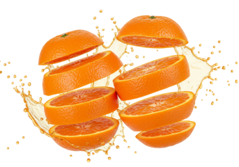 Sliced orange fruit with splash on transparent background
