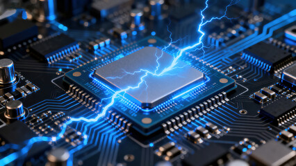 Fototapeta premium Futuristic Microchip with Blue Lightning