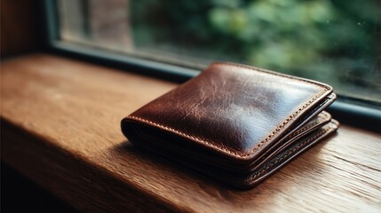 Another view of a brown leather wallet on a wooden surface, placed beside a window, adding natural light to the composition.