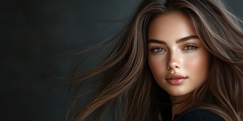 Portrait of a young woman with flowing brown hair and green eyes, soft focus on her face