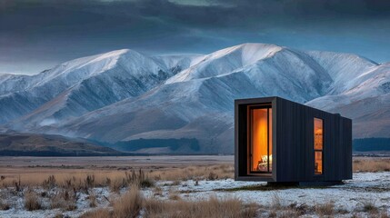 Modern tiny house nestled in a snowy mountain valley.