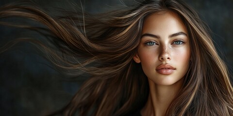 Portrait of a woman with flowing, highlighted brown hair and captivating gaze