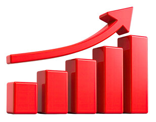 Red bar graph with upward arrow, indicating growth