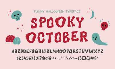 Hand drawn font for Halloween time in coquette core style. Cute playful typeface alphabet in vector format. Capital letters, numbers and punctuation symbols.