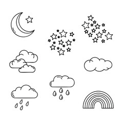 Handdrawn weather and sky doodle icon set with clouds moon stars and rainbow.