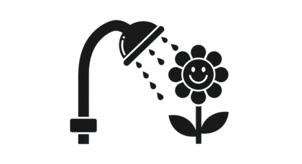 Isolated black showerhead watering a happy daisy flower illustration vector drawing