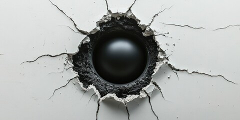 A hole in a white surface with radial cracks, revealing a sphere within a dark interior