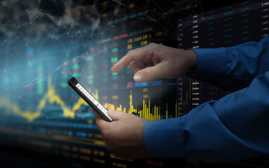 Person analyzing crypto market data on smartphone with digital graphs in background
