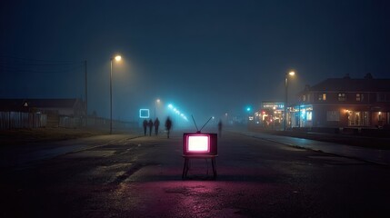 Empty street at night with a retro television set.