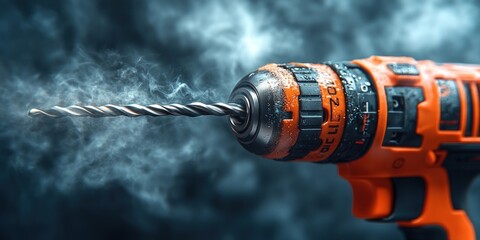 Orange and black electric drill with metal bit, smoke billowing around it against a moody blue backdrop