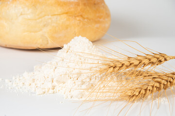 Flour and wheat stalks on a white surface with cheese in the background showcasing traditional food ingredients