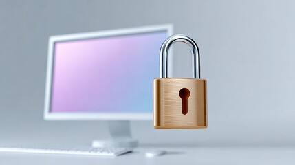 Naklejka premium Digital security concept featuring a golden padlock hovering in front of a modern computer monitor with a colorful screen, symbolizing data protection and cybersecurity in a digital environment
