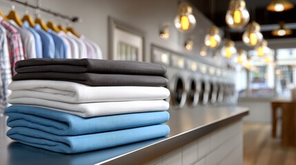 Fototapeta premium Neatly folded laundry stacked on a counter in a modern laundromat, with colorful shirts hanging in the background, showcasing a clean and organized laundry environment for customers