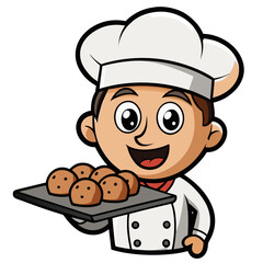 Cartoon Chef with White Hat Holding Tray of Fresh Cookies, Fun Cooking Illustration