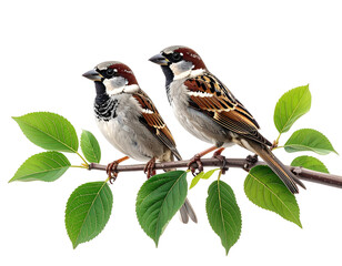 Two sparrows perched on a branch with leaves