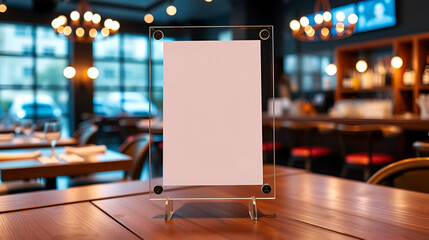 Mock up Label the blank menu frame in Bar restaurant ,Stand for booklets with white sheets paper acrylic tent card on wooden table cafeteria blurred background can inserting the text of the customer.