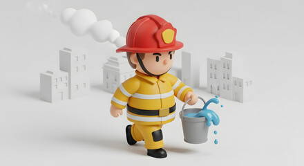 brave cartoon fireman responding to emergency with water