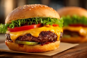 Juicy cheeseburger with melting cheddar.