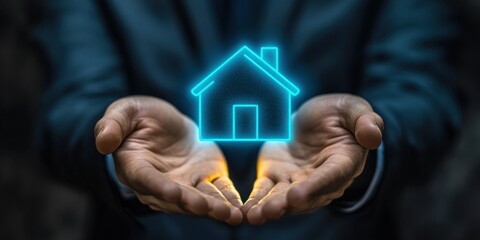 A person's cupped hands cradle a glowing blue house icon against a dark background