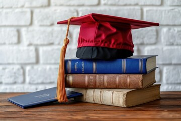 Stacked books with a graduation cap on top, diploma on a wooden table, white brick wall