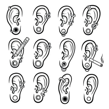 Set of twelve handdrawn human ears with multiple piercings including gauges rings a pencil and a cigarette.