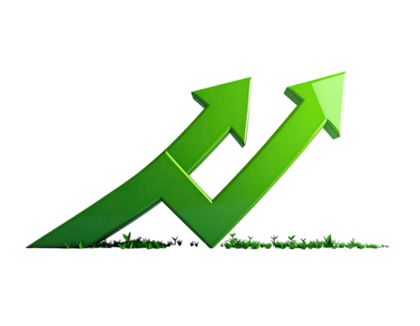 Two upward-pointing, glossy green arrows angled and rooted in grassy ground