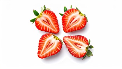 Four halved strawberries arranged in a cross pattern on a white background