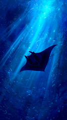 Majestic Manta Ray Silhouette Swimming in Deep Blue Ocean Light Rays