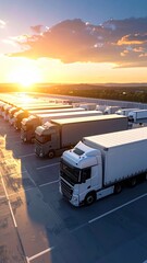 Trucks Parked in Rows at Sunset with Golden Light and Warm Colors Dramatic Sky and Silhouetted Horizon Pixelated Graphic Style Vertical Orientation