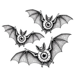 Surreal black and white illustration of three flying bats with large detailed eyeball bodies. © Vhya