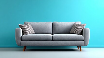 Fototapeta premium Modern gray sofa with striped cushions positioned against a vibrant turquoise wall, creating a stylish and inviting atmosphere for contemporary interior design and home decor inspiration
