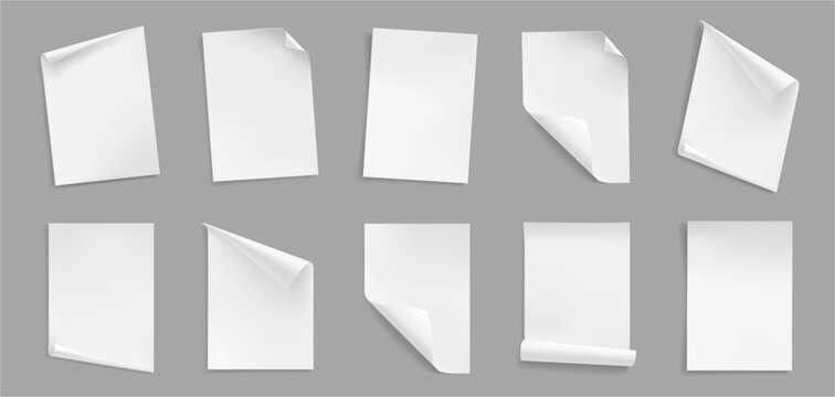 Curly paper page corners, paper sheet turn curls and flips. Vector realistic style, notebook or journal rolled up. Blank and empty note or memo for copy space, document folded or bent shape