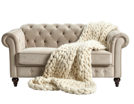 Light beige tufted sofa with chunky knit throw