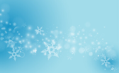 Snowflakes falling realistic background design with shining particles. Vector winter backdrop with frost flakes and glowing dust. Christmas template for greeting card, holiday decor item