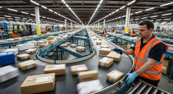 Worker in reflective vest redirects parcels along conveyor belt system in distribution center. Concept of large-scale retail e-commerce and logistics service