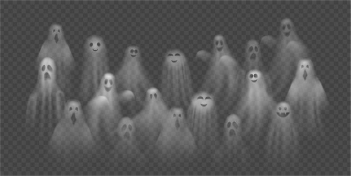 Group of Halloween ghosts, phantom characters with smiling and spooky faces. Vector scary realistic flying poltergeists or spirits. Groovy fear personage. Funny boo in Halloween night