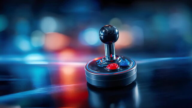 Close-up of vintage joystick controller with neon reflection