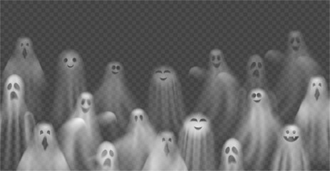 Realistic Halloween ghosts set, poltergeists monsters and boo specters on transparent background. Vector horror night flying spooky spirits with scary faces and grim smiles for party