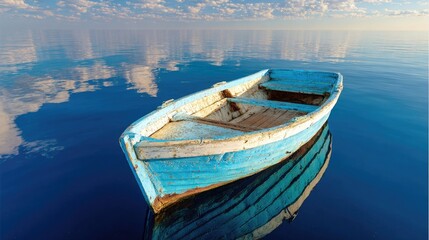 Tranquil blue wooden boat on calm water.